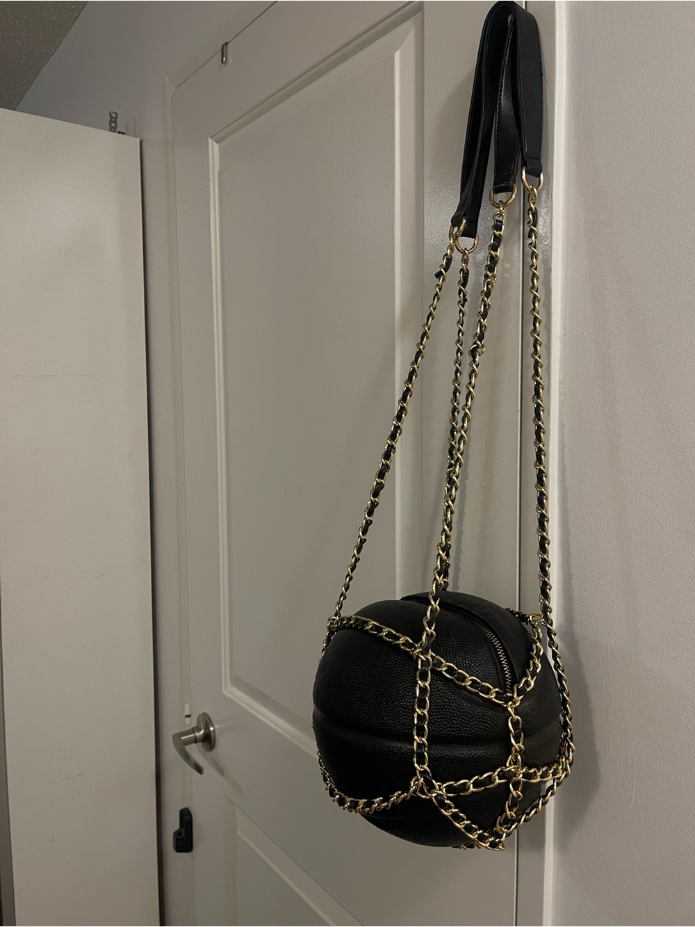 Black Leather Basketball-Shaped Crossbody Bag with Gold Chain